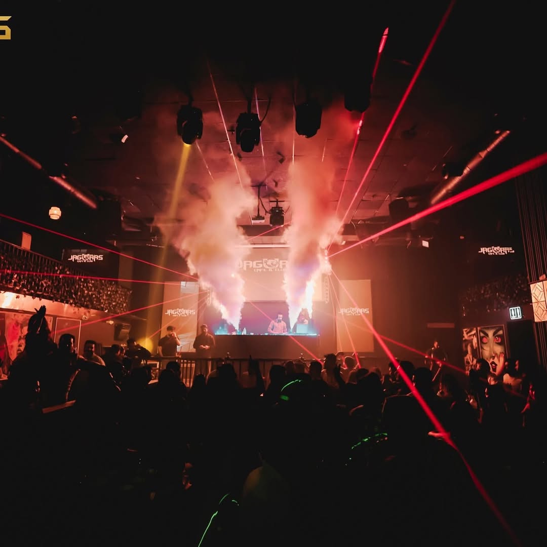 Club crowd cheering and enjoying live DJ night